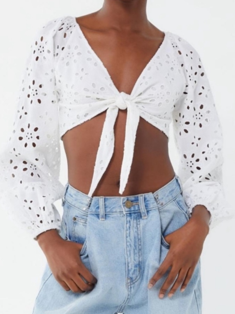 Urban Outfitters White Eyelet Tie Front Crop Top Blouse Size L